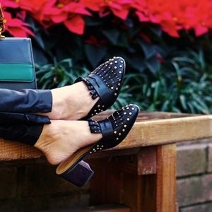 Studded loafer leather block heels